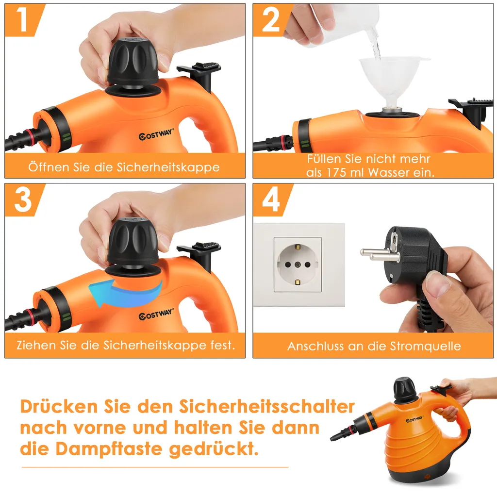 COSTWAY Dampfreiniger Inkl. 9 Zubehör, Handdampfreiniger, Dampfreinigen Handgerät 3 Bar / 250ml / 1050W / 4min Aufheizzeit/für Teppiche, Vorhänge, Autositze, Küche (Orange) 6 COSTWAY Dampfreiniger Inkl. 9 Zubehör, Handdampfreiniger, Dampfreinigen Handgerät 3 Bar / 250ml / 1050W / 4min Aufheizzeit/für Teppiche, Vorhänge, Autositze, Küche (Orange) – Bild 4