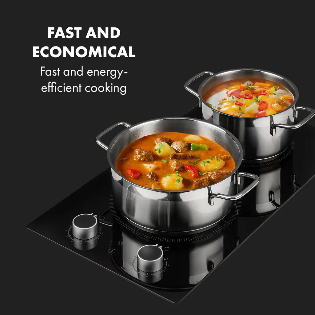 Klarstein Kochheld Doppel-Induktionskochfeld , Einbau-Kochfeld , 2900 Watt , Dreh-Regler , 120 Cm Kabellänge , 3-poliger-Anschluss , 9 Stufen , Abschalt-Automatik , Glas , Schwarz 7 Klarstein Kochheld Doppel-Induktionskochfeld , Einbau-Kochfeld , 2900 Watt , Dreh-Regler , 120 Cm Kabellänge , 3-poliger-Anschluss , 9 Stufen , Abschalt-Automatik , Glas , Schwarz – Bild 5