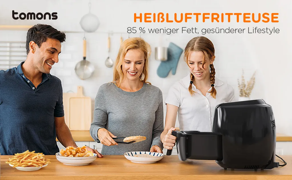 Tomons Heißluftfritteuse XXL 5,5 L Elektrofritteuse, 1800W, Airfryer Ohne Fett Und Öl, Friteuse Heißluft Mit 8 Voreinstellungen, Alarmtimer, Digitales Touch-Display, Frittierkorb Und Rezeptheft 12 Tomons Heißluftfritteuse XXL 5,5 L Elektrofritteuse, 1800W, Airfryer Ohne Fett Und Öl, Friteuse Heißluft Mit 8 Voreinstellungen, Alarmtimer, Digitales Touch-Display, Frittierkorb Und Rezeptheft – Bild 10