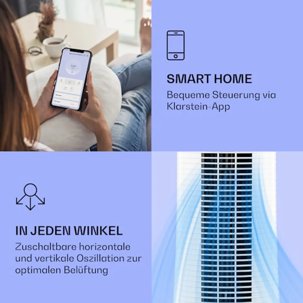 Klarstein Skyscaper Ice Smart Klimaanlage 4-in-1: Luftkühler, Ventilator, Luftbefeuchter & Ionisation - 6 L Wassertank - Oszillation - 30 W - 210 M³/h - Timer - Klimagerät Ohne Abluftschlauch - Mobiles Klimagerät 5 Klarstein Skyscaper Ice Smart Klimaanlage 4-in-1: Luftkühler, Ventilator, Luftbefeuchter & Ionisation - 6 L Wassertank - Oszillation - 30 W - 210 M³/h - Timer - Klimagerät Ohne Abluftschlauch - Mobiles Klimagerät – Bild 3