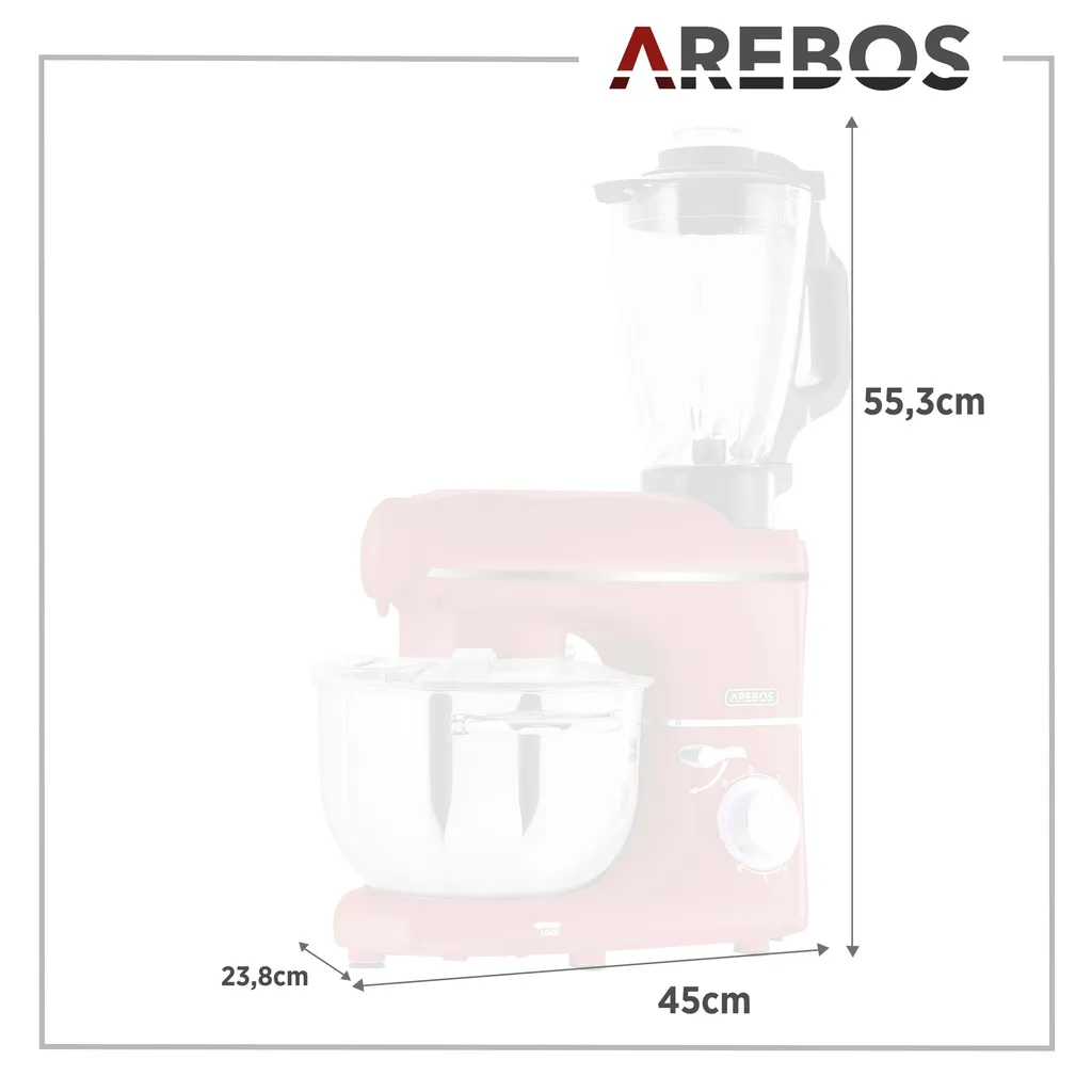 AREBOS 6-in-1 Küchenmaschine 1500W, Fleischwolf, Blender, Nudelmaschine, Knetmaschine Mit Edelstahl-Schüssel 5,5 L, Rot 13 AREBOS 6-in-1 Küchenmaschine 1500W, Fleischwolf, Blender, Nudelmaschine, Knetmaschine Mit Edelstahl-Schüssel 5,5 L, Rot – Bild 11
