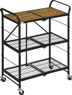 HOMCOM Rollwagen, Klappbarer Küchenwagen, Servierwagen Mit 3 Ebenen, Griff, Küchenregal Auf 4 Rollen Für Esszimmer, Wohnzimmer, Stahl, Braun+Schwarz, 68 X 35 X 85 Cm
