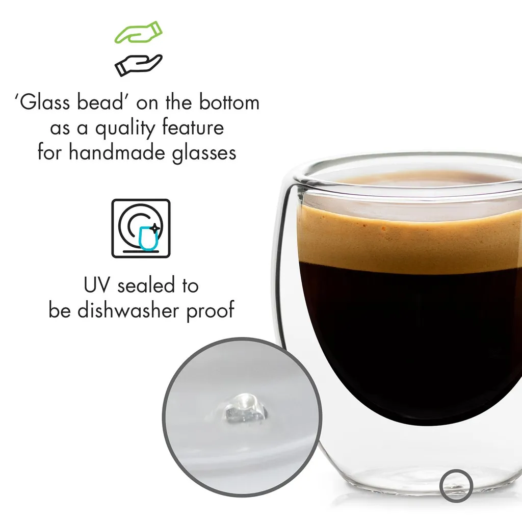 Klarstein Glaswerk Vienna Doppelwandige Gläser , Thermoglas , Trinkglas , Espresso-, Kaffee- Und Shotglas , 4 Stück , Für Heiße Und Kalte Getränke , 80 Ml , Borosilikatglas , Hitze- Und Kältebeständig , Handgemacht , Spülmaschinenfest , Thermoeffekt 7 Klarstein Glaswerk Vienna Doppelwandige Gläser , Thermoglas , Trinkglas , Espresso-, Kaffee- Und Shotglas , 4 Stück , Für Heiße Und Kalte Getränke , 80 Ml , Borosilikatglas , Hitze- Und Kältebeständig , Handgemacht , Spülmaschinenfest , Thermoeffekt – Bild 5