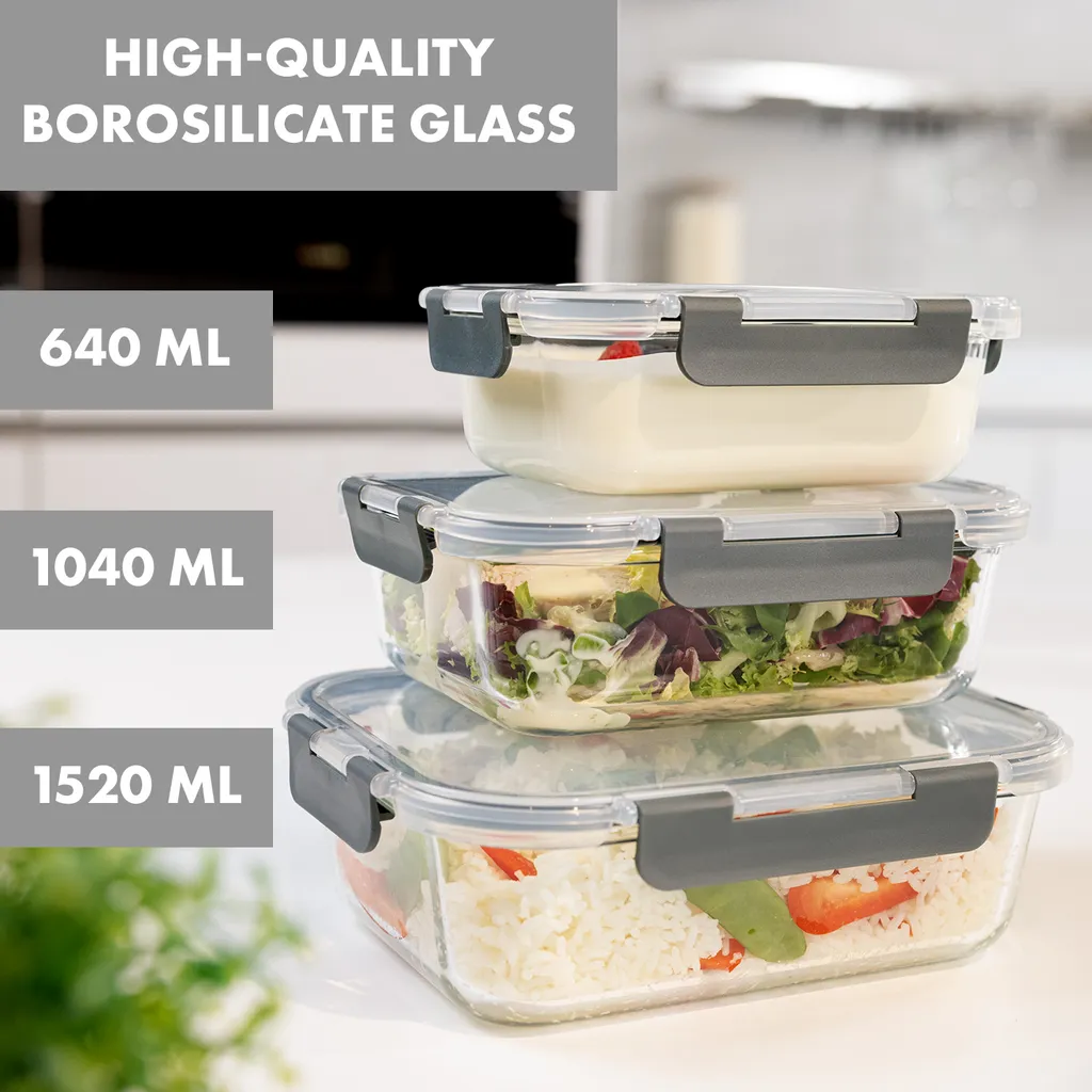 Klarstein Glaswerk Jardine III Frischhaltedosen Lunchboxen Auflaufform Mikrowellengeschirr , 640, 1040, 1520 Ml , 3 Stück , Borosilikatglas , Geeignet Für Backofen, Gefrierfach, Mikrowelle , Spülmaschinenfest , 100 % Dicht Mit Scharnierverschluss , Bruchsicher , Hitze- Und Kältebeständig , 4 Klarstein Glaswerk Jardine III Frischhaltedosen Lunchboxen Auflaufform Mikrowellengeschirr , 640, 1040, 1520 Ml , 3 Stück , Borosilikatglas , Geeignet Für Backofen, Gefrierfach, Mikrowelle , Spülmaschinenfest , 100 % Dicht Mit Scharnierverschluss , Bruchsicher , Hitze- Und Kältebeständig , – Bild 2