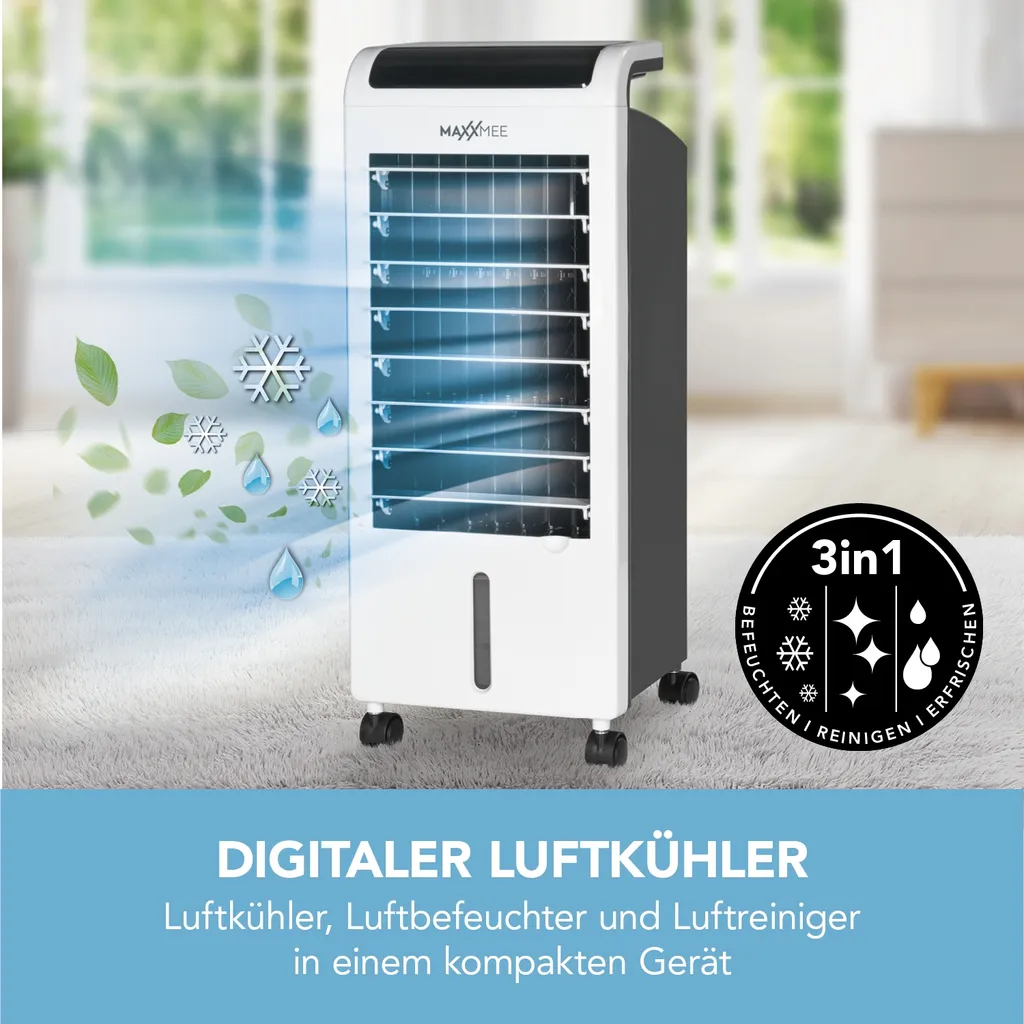 MAXXMEE Luftkühler Mobil 80 W - Zum Kühlen, Befeuchten & Ionisieren Der Raumluft - Weiß Luftkühler Ventilator Kühlgerät Klimagerät Mobil Luftbefeuchter Ionisator Timer 4 MAXXMEE Luftkühler Mobil 80 W - Zum Kühlen, Befeuchten & Ionisieren Der Raumluft - Weiß Luftkühler Ventilator Kühlgerät Klimagerät Mobil Luftbefeuchter Ionisator Timer – Bild 2