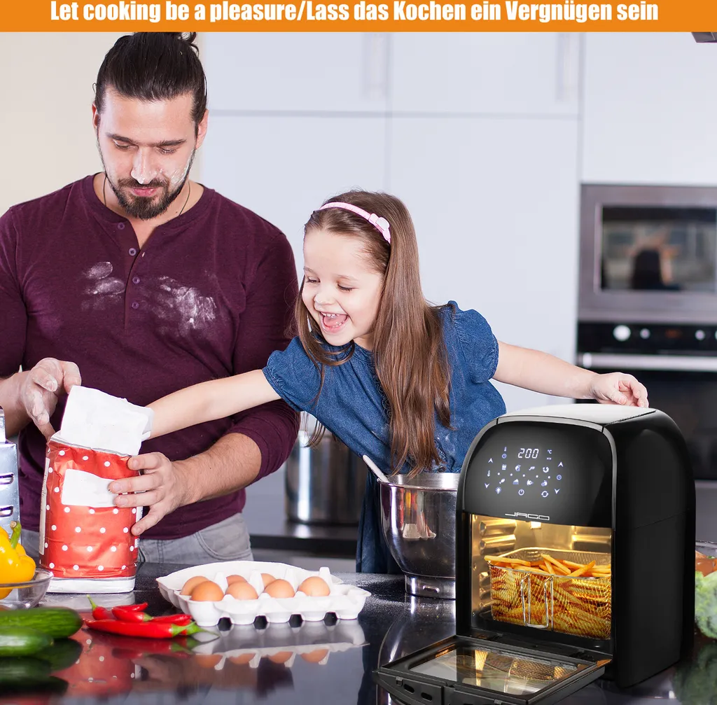 Jago® XXXL 8in1 Heißluftfritteuse 12L + 10 Zubehör - 1800W, LED Display Mit Touch Screen, 8 Programme / Timer, Ohne ÖL - Airfryer, Heißluft, Fritteuse, Heißluftofen, Backofen, Dehydrator, Grill 12 Jago® XXXL 8in1 Heißluftfritteuse 12L + 10 Zubehör - 1800W, LED Display Mit Touch Screen, 8 Programme / Timer, Ohne ÖL - Airfryer, Heißluft, Fritteuse, Heißluftofen, Backofen, Dehydrator, Grill – Bild 10