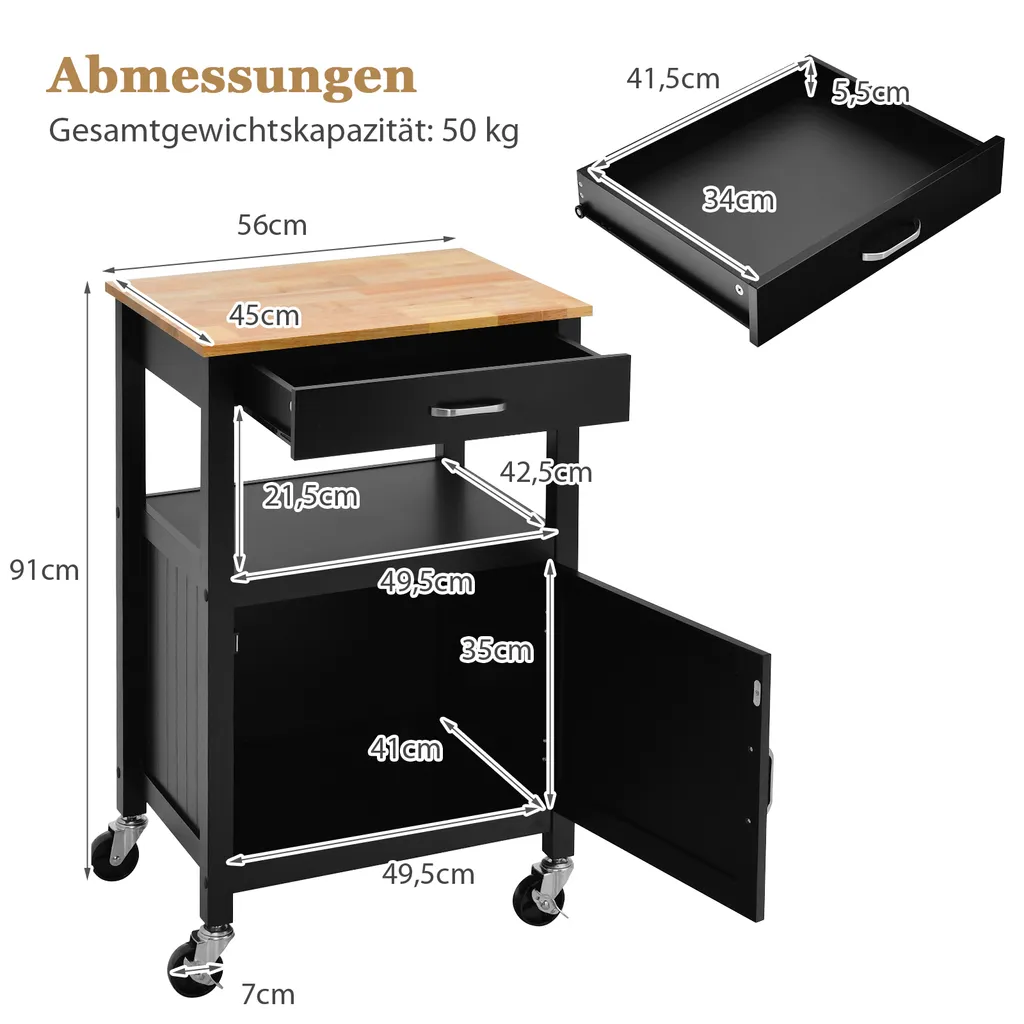 COSTWAY Kleiner Küchenwagen Auf Rollen, Servierwagen Mit Schrank & Schublade Und 3 Haken, Arbeitsplatte Aus Holz, Rollwagen Kücheninsel, Küchentrolley Im Landhausstil (Schwarz) 9 COSTWAY Kleiner Küchenwagen Auf Rollen, Servierwagen Mit Schrank & Schublade Und 3 Haken, Arbeitsplatte Aus Holz, Rollwagen Kücheninsel, Küchentrolley Im Landhausstil (Schwarz) – Bild 7