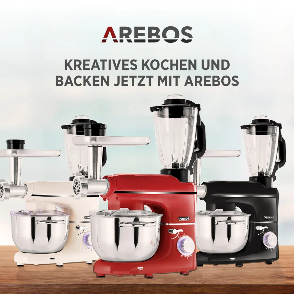 AREBOS 6-in-1 Küchenmaschine 1500W, Fleischwolf, Blender, Nudelmaschine, Knetmaschine Mit Edelstahl-Schüssel 5,5 L, Rot 14 AREBOS 6-in-1 Küchenmaschine 1500W, Fleischwolf, Blender, Nudelmaschine, Knetmaschine Mit Edelstahl-Schüssel 5,5 L, Rot – Bild 12