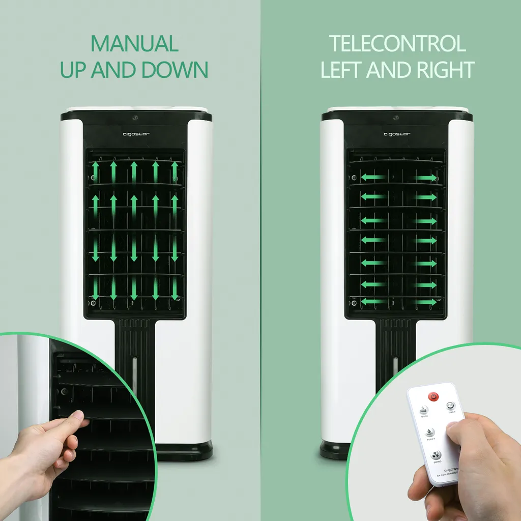 Aigostar Air Cooler, 3-in-1 Mobiles Klimagerät Ohne Abluftschlauch Mit Wasserkühlung, Luftkühler Mit Verdunstungskühlung, Ventilator, Luftbefeuchter, 7L Wassertank, Fernbedienung, 12Std Timer, 75W 7 Aigostar Air Cooler, 3-in-1 Mobiles Klimagerät Ohne Abluftschlauch Mit Wasserkühlung, Luftkühler Mit Verdunstungskühlung, Ventilator, Luftbefeuchter, 7L Wassertank, Fernbedienung, 12Std Timer, 75W – Bild 5