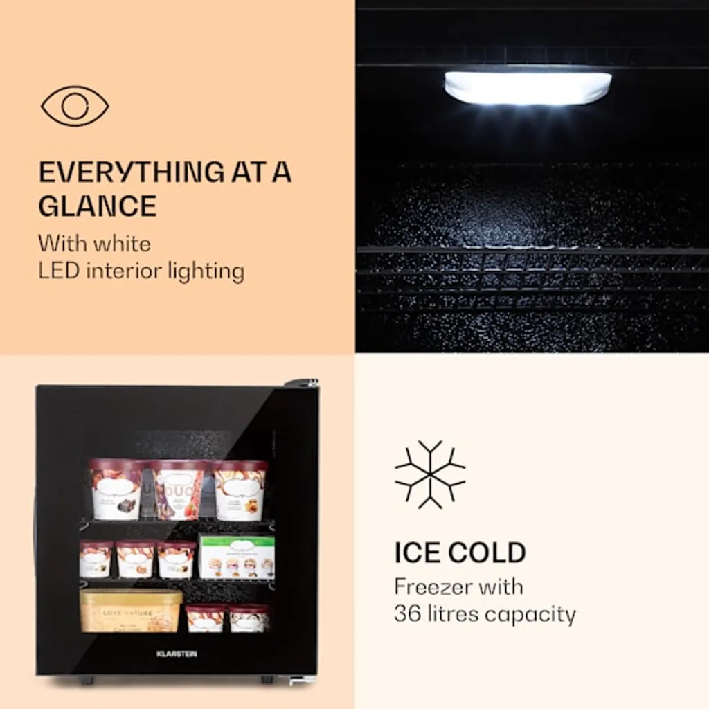 Klarstein IceAge 36 Gefrierschrank 36 Liter , 2 Etagen , Thermostat , Kompressionskühlung , Einstellbare Temperatur : 0 Bis -18 °C , LED-Innenbeleuchtung , Glasfront 6 Klarstein IceAge 36 Gefrierschrank 36 Liter , 2 Etagen , Thermostat , Kompressionskühlung , Einstellbare Temperatur : 0 Bis -18 °C , LED-Innenbeleuchtung , Glasfront – Bild 4