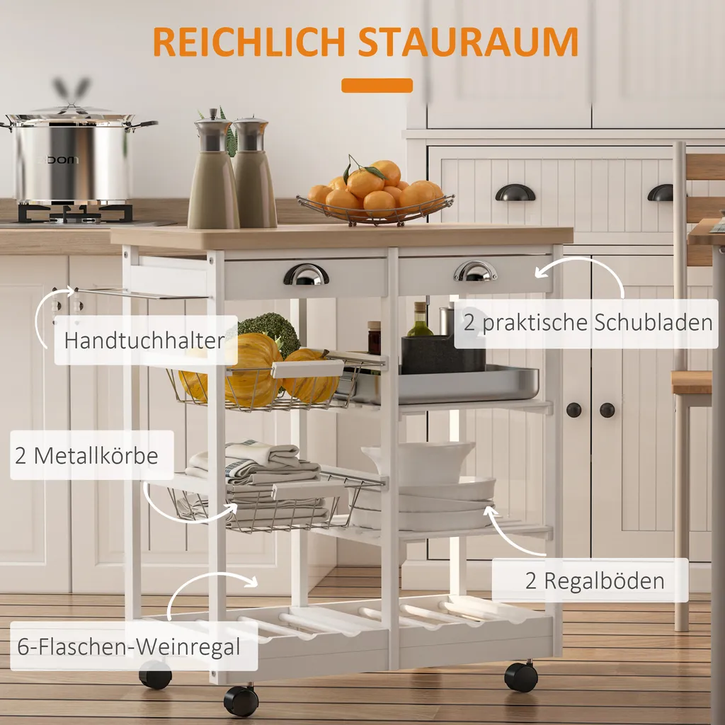 HOMCOM Küchenwagen Servierwagen Mit Ausziehbarem Korb Schublade Küchenrollwagen Weinablage Küchentrolley Holz Weiß 74 X 37 X 76 Cm 6 HOMCOM Küchenwagen Servierwagen Mit Ausziehbarem Korb Schublade Küchenrollwagen Weinablage Küchentrolley Holz Weiß 74 X 37 X 76 Cm – Bild 4