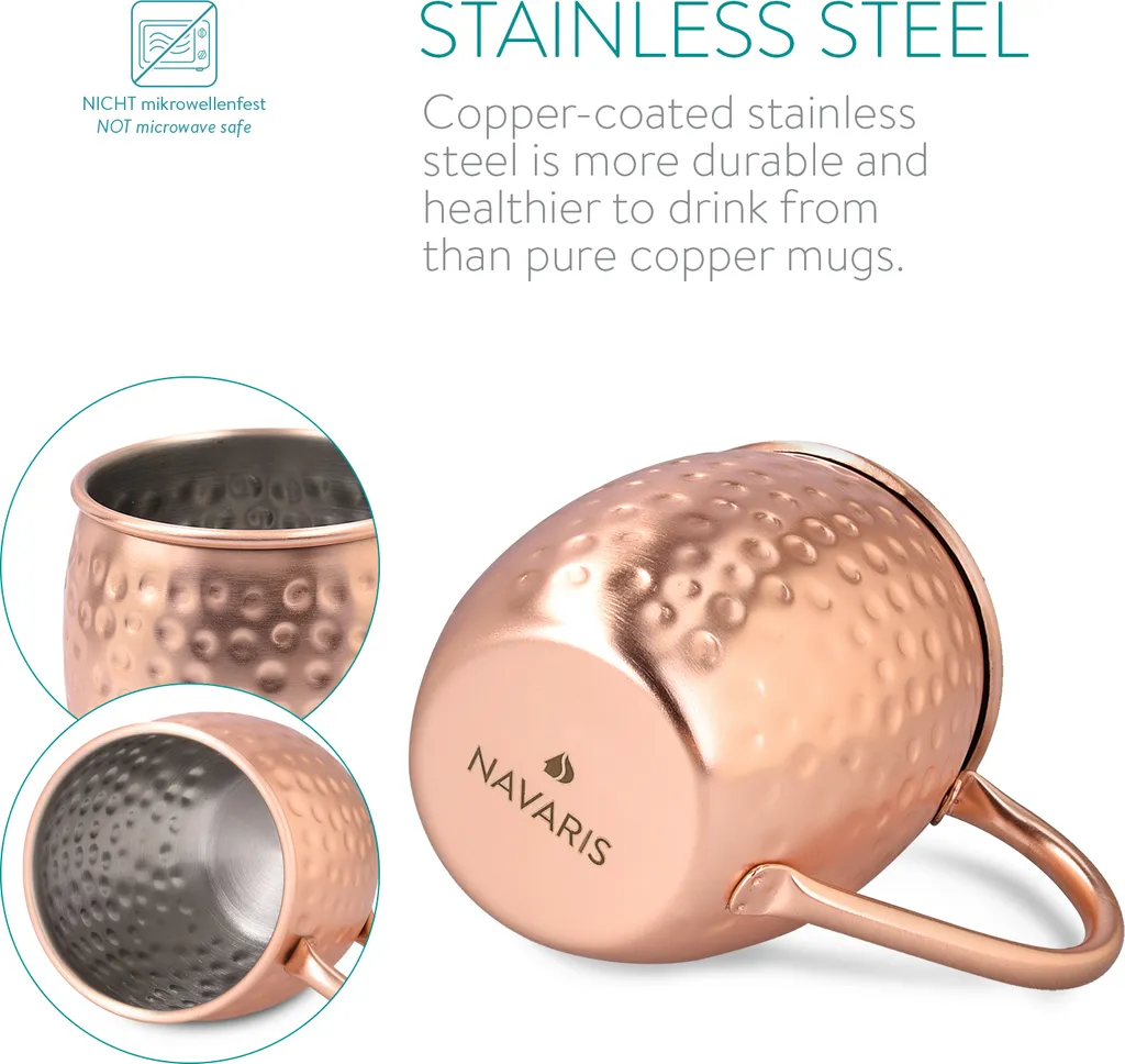 Navaris Moscow Mule Becher 4er Set - 4x Kupferbecher Für Moskau Mule Gin Bier - Cocktail Mug Gehämmert - Tasse Aus Edelstahl Mit Kupfer 5 Navaris Moscow Mule Becher 4er Set - 4x Kupferbecher Für Moskau Mule Gin Bier - Cocktail Mug Gehämmert - Tasse Aus Edelstahl Mit Kupfer – Bild 3