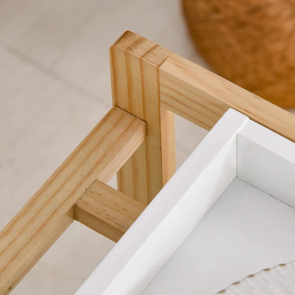 HOMCOM Küchenwagen, Küchenrollwagen, Servierwagen Mit Ablage, Abnehmbares Tablett Kiefer Weiß+Natur 40 X 30 X 76 Cm 9 HOMCOM Küchenwagen, Küchenrollwagen, Servierwagen Mit Ablage, Abnehmbares Tablett Kiefer Weiß+Natur 40 X 30 X 76 Cm – Bild 7