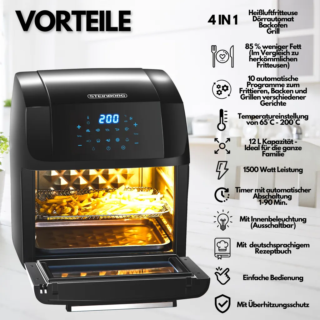 Steinborg 4-in1 Heißluftfritteuse | 12L | 1.500 W | Mit LED Touchscreen | 10 Automatische Programme | Inkl. Rezeptbuch Auf Deutsch | Frittieren, Backen, Grillen Oder Dörren | Aufwärmfunktion | Automatische Abschaltung | 5 Steinborg 4-in1 Heißluftfritteuse | 12L | 1.500 W | Mit LED Touchscreen | 10 Automatische Programme | Inkl. Rezeptbuch Auf Deutsch | Frittieren, Backen, Grillen Oder Dörren | Aufwärmfunktion | Automatische Abschaltung | – Bild 3