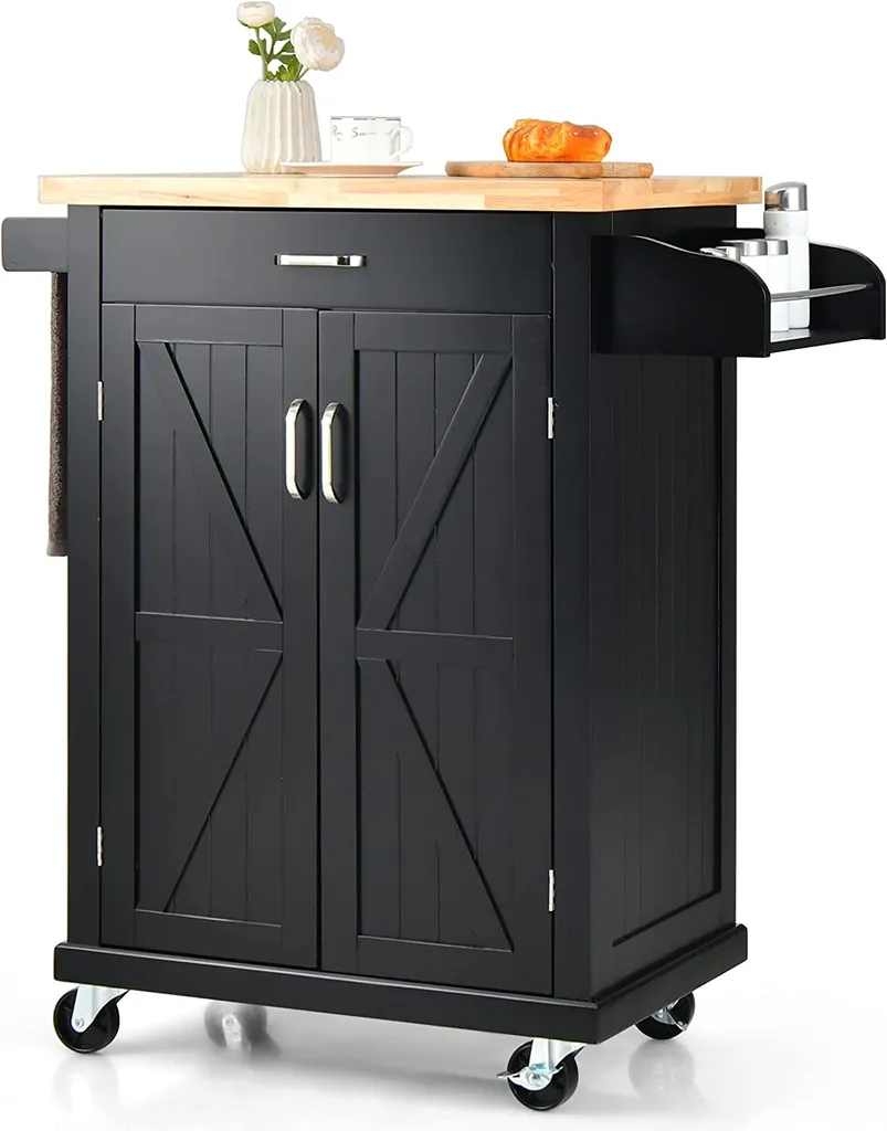 COSTWAY Küchenwagen Auf Rollen, Servierwagen Mit Arbeitsplatte & Handtuchhalter & Schublade & Gewürzregal, Kücheninsel Holz, Küchenschrank Rollbar, Für Küche, Esszimmer Und Bar (Schwarz) 3 COSTWAY Küchenwagen Auf Rollen, Servierwagen Mit Arbeitsplatte & Handtuchhalter & Schublade & Gewürzregal, Kücheninsel Holz, Küchenschrank Rollbar, Für Küche, Esszimmer Und Bar (Schwarz)