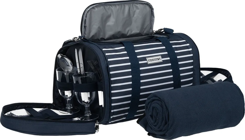 Anndora Picknick Kühltasche + Decke + Zubehör - Blau Weiß Gestreift - Blau 3 Anndora Picknick Kühltasche + Decke + Zubehör - Blau Weiß Gestreift - Blau