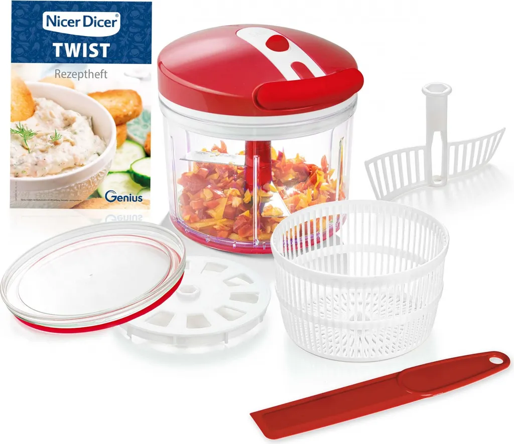 Genius Nicer Dicer Twist Universalzerkleinerer 9-tlg Rot - Gemüseschneider Manuell Mit Seilzug, Salatschleuder & Sieb 1000ml; A29188 3 Genius Nicer Dicer Twist Universalzerkleinerer 9-tlg Rot - Gemüseschneider Manuell Mit Seilzug, Salatschleuder & Sieb 1000ml; A29188