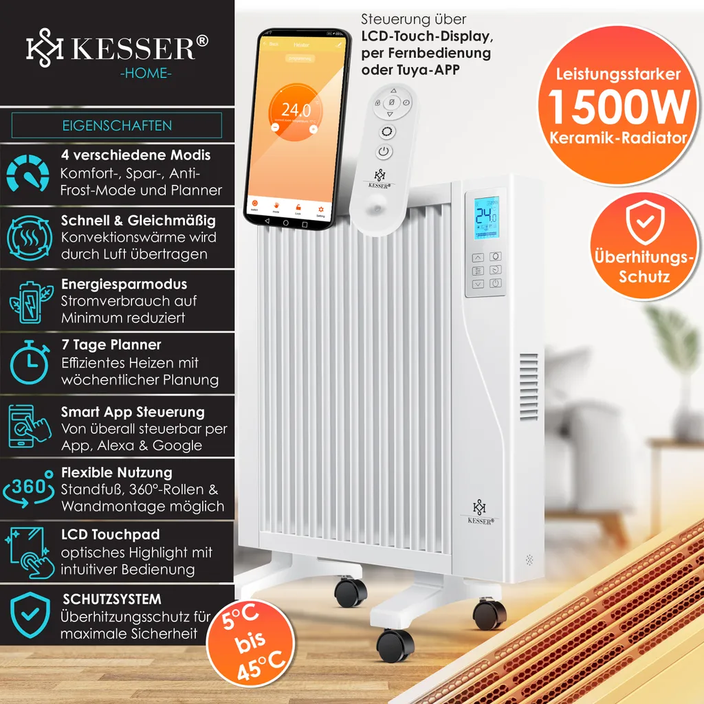 KESSER® Elektroheizkörper Infrarotheizung Energiesparend 2in1 Mobile & Wand-Konvektor Elektroheizung Mit WiFi App-Steuerung & Fernbedienung Radiator Heizung Elektrisch Heizkörper 24h Timer, Farbe:Weiß, Größe:1500W 6 KESSER® Elektroheizkörper Infrarotheizung Energiesparend 2in1 Mobile & Wand-Konvektor Elektroheizung Mit WiFi App-Steuerung & Fernbedienung Radiator Heizung Elektrisch Heizkörper 24h Timer, Farbe:Weiß, Größe:1500W – Bild 4
