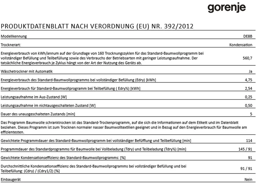 Gorenje DE 8B Kondenstrockner - Bis 8 Kg Fassungsvermögen - StableTech - AutoDrain - LED-Display - 16 Programme - Knitterschutz - Kindersicherung - Weiß 8 Gorenje DE 8B Kondenstrockner - Bis 8 Kg Fassungsvermögen - StableTech - AutoDrain - LED-Display - 16 Programme - Knitterschutz - Kindersicherung - Weiß – Bild 6