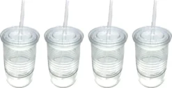 Glasbecher Mit Deckel & Glashalm, 4er Set 440 Ml, Spülmaschinenfest, Trinkglas, Transparent