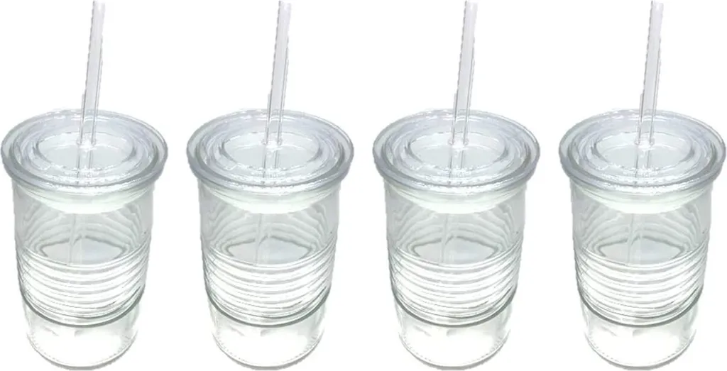 Glasbecher Mit Deckel & Glashalm, 4er Set 440 Ml, Spülmaschinenfest, Trinkglas, Transparent 3 Glasbecher Mit Deckel & Glashalm, 4er Set 440 Ml, Spülmaschinenfest, Trinkglas, Transparent