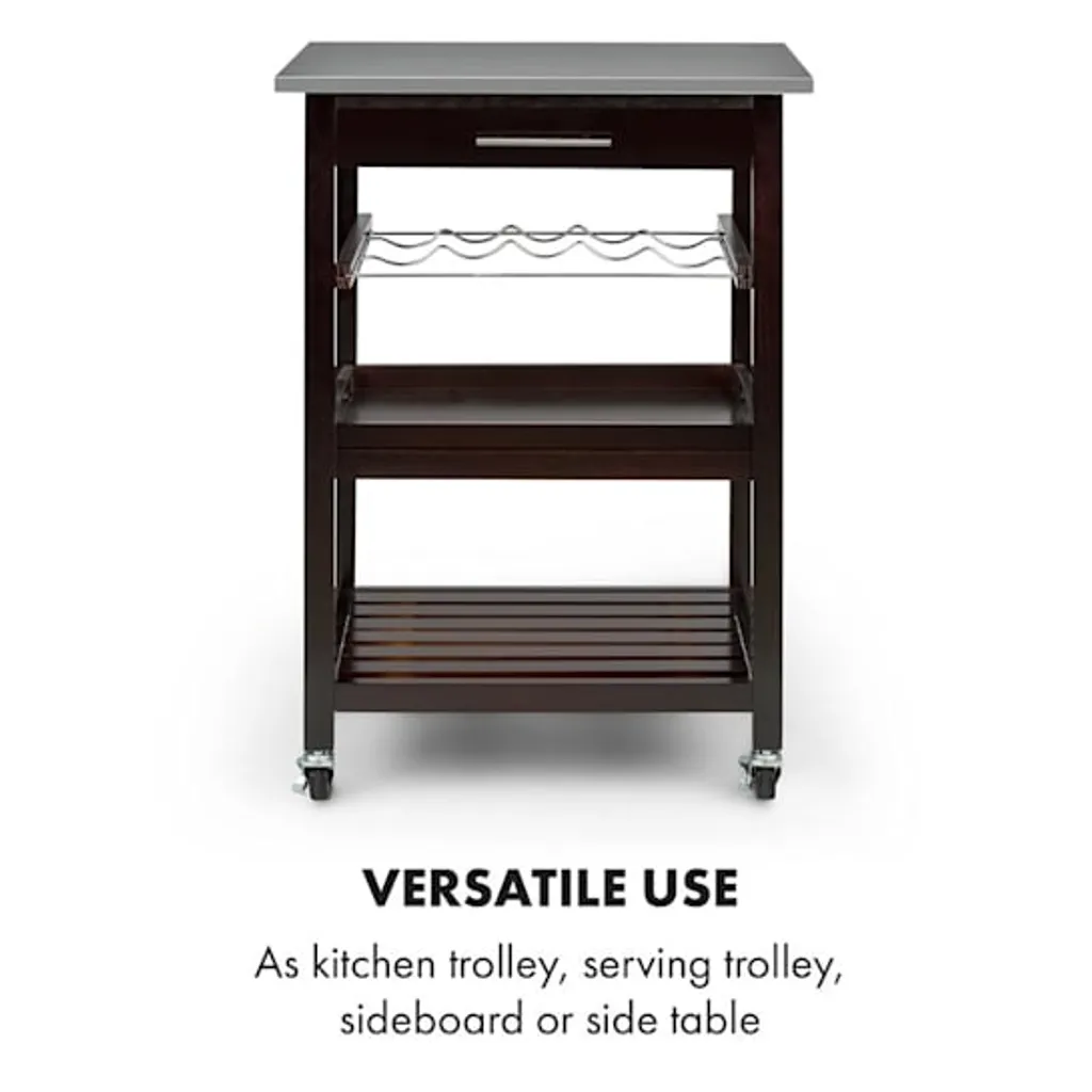 Klarstein Vermont - Küchenwagen, Servierwagen, Küchenrollwagen, 4 Etagen, DREI Ablagen, Herausnehmbare Schublade, Flaschenablage, Edelstahl-Arbeitsplatte, Echtholz, Rollen, Dunkelbraun 5 Klarstein Vermont - Küchenwagen, Servierwagen, Küchenrollwagen, 4 Etagen, DREI Ablagen, Herausnehmbare Schublade, Flaschenablage, Edelstahl-Arbeitsplatte, Echtholz, Rollen, Dunkelbraun – Bild 3