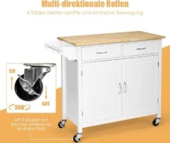 COSTWAY Rollende Kücheninsel Aus Gummiholz, Küchenwagen Mit Handtuchhalter & Verstellbarem Regal & Schubladen, Servierwagen Mit Arbeitsplatte Für Küche, Esszimmer & Bar (Weiß) -Kaufland Verkäufe d8ed4498d997866246f55735f906fe28