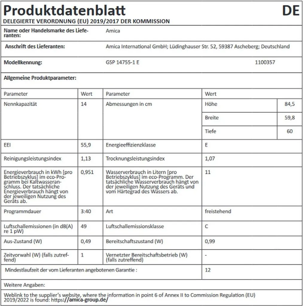Amica GSP 14755 E, Stand-Geschirrspüler, 60 Cm, Edelstahlfront, 14 Maßgedecke, 6 Spülprogramme, 5 Temperaturen, 7 Amica GSP 14755 E, Stand-Geschirrspüler, 60 Cm, Edelstahlfront, 14 Maßgedecke, 6 Spülprogramme, 5 Temperaturen, – Bild 5