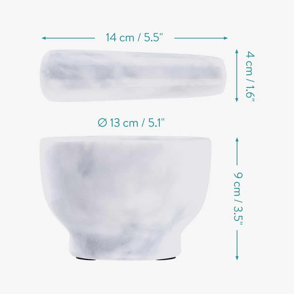 Navaris Mörser Und Stößel Aus Weißem Marmor Im Set - Steinmörser Gewürzmörser - Für Gewürze Pesto Kräuter - Stampfer Mit Schlegel - Ø 13cm 6 Navaris Mörser Und Stößel Aus Weißem Marmor Im Set - Steinmörser Gewürzmörser - Für Gewürze Pesto Kräuter - Stampfer Mit Schlegel - Ø 13cm – Bild 4