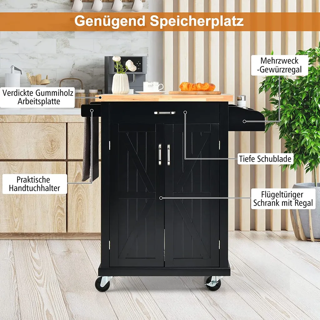 COSTWAY Küchenwagen Auf Rollen, Servierwagen Mit Arbeitsplatte & Handtuchhalter & Schublade & Gewürzregal, Kücheninsel Holz, Küchenschrank Rollbar, Für Küche, Esszimmer Und Bar (Schwarz) 4 COSTWAY Küchenwagen Auf Rollen, Servierwagen Mit Arbeitsplatte & Handtuchhalter & Schublade & Gewürzregal, Kücheninsel Holz, Küchenschrank Rollbar, Für Küche, Esszimmer Und Bar (Schwarz) – Bild 2