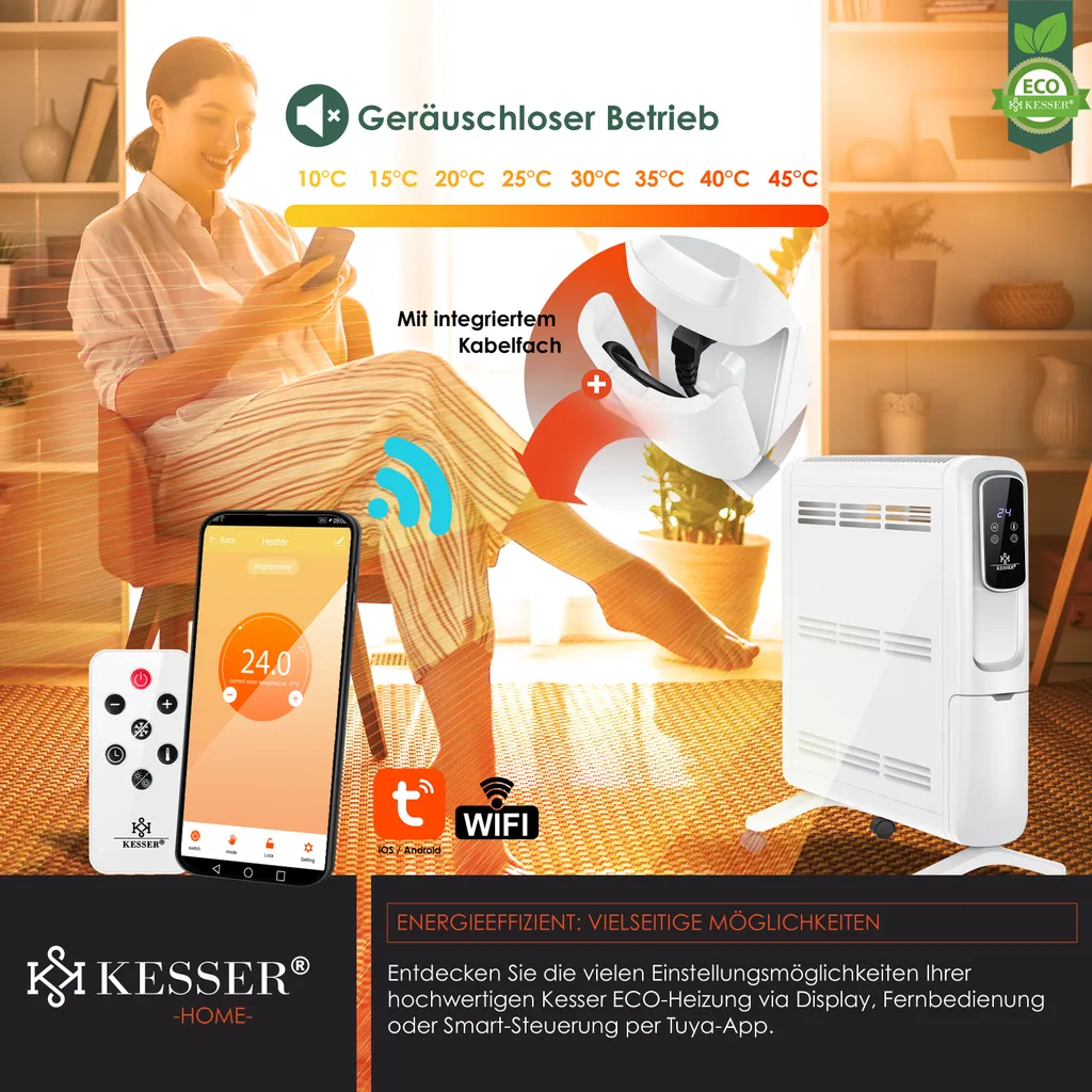 KESSER® Konvektor Elektrische Heizung ECO 2500W Heizkörper Elektroheizung Standheizung Energiesparend Display WiFi App & Fernbedienung Touchscreen - Mobil Radiator 24h Timer Thermostat, Farbe:Weiß 8 KESSER® Konvektor Elektrische Heizung ECO 2500W Heizkörper Elektroheizung Standheizung Energiesparend Display WiFi App & Fernbedienung Touchscreen - Mobil Radiator 24h Timer Thermostat, Farbe:Weiß – Bild 6