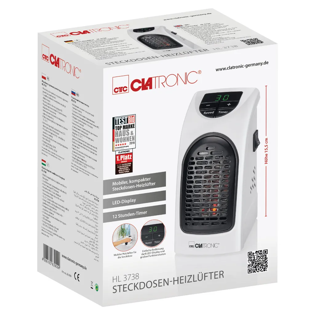 Clatronic HL 3738 Mobiler Steckdosen-Heizlüfter Mit 2 Gebläsestufen, Hochwertiges PTC-Heizelement, LED-Display-und Kontrollleuchte 7 Clatronic HL 3738 Mobiler Steckdosen-Heizlüfter Mit 2 Gebläsestufen, Hochwertiges PTC-Heizelement, LED-Display-und Kontrollleuchte – Bild 5