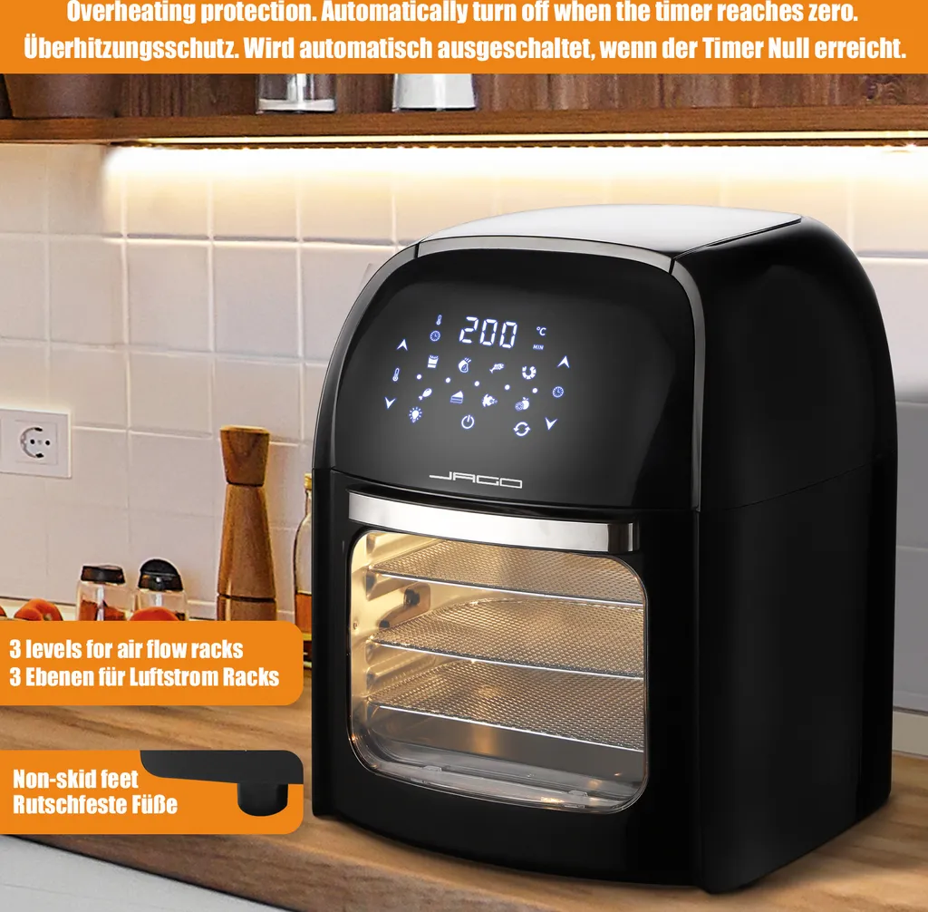 Jago® XXXL 8in1 Heißluftfritteuse 12L + 10 Zubehör - 1800W, LED Display Mit Touch Screen, 8 Programme / Timer, Ohne ÖL - Airfryer, Heißluft, Fritteuse, Heißluftofen, Backofen, Dehydrator, Grill 7 Jago® XXXL 8in1 Heißluftfritteuse 12L + 10 Zubehör - 1800W, LED Display Mit Touch Screen, 8 Programme / Timer, Ohne ÖL - Airfryer, Heißluft, Fritteuse, Heißluftofen, Backofen, Dehydrator, Grill – Bild 5