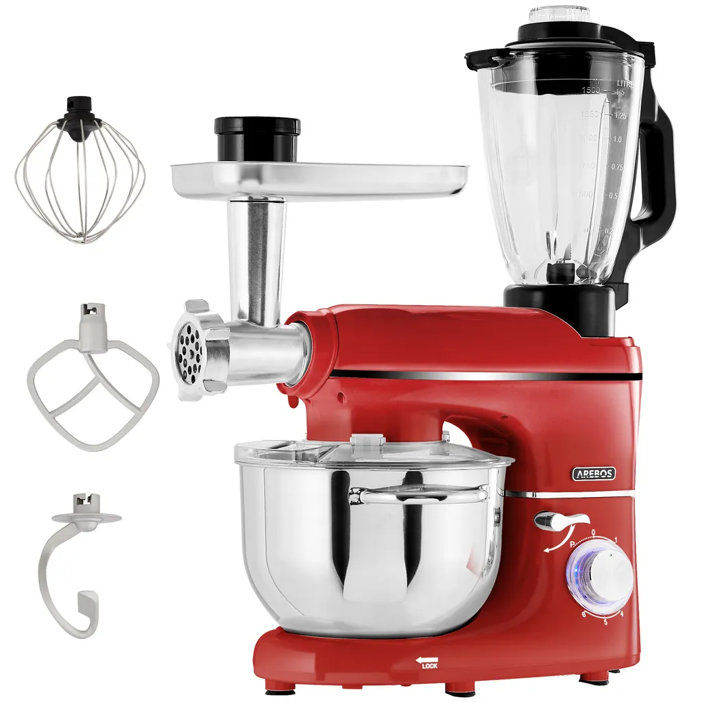 AREBOS 6-in-1 Küchenmaschine 1500W, Fleischwolf, Blender, Nudelmaschine, Knetmaschine Mit Edelstahl-Schüssel 5,5 L, Rot 3 AREBOS 6-in-1 Küchenmaschine 1500W, Fleischwolf, Blender, Nudelmaschine, Knetmaschine Mit Edelstahl-Schüssel 5,5 L, Rot