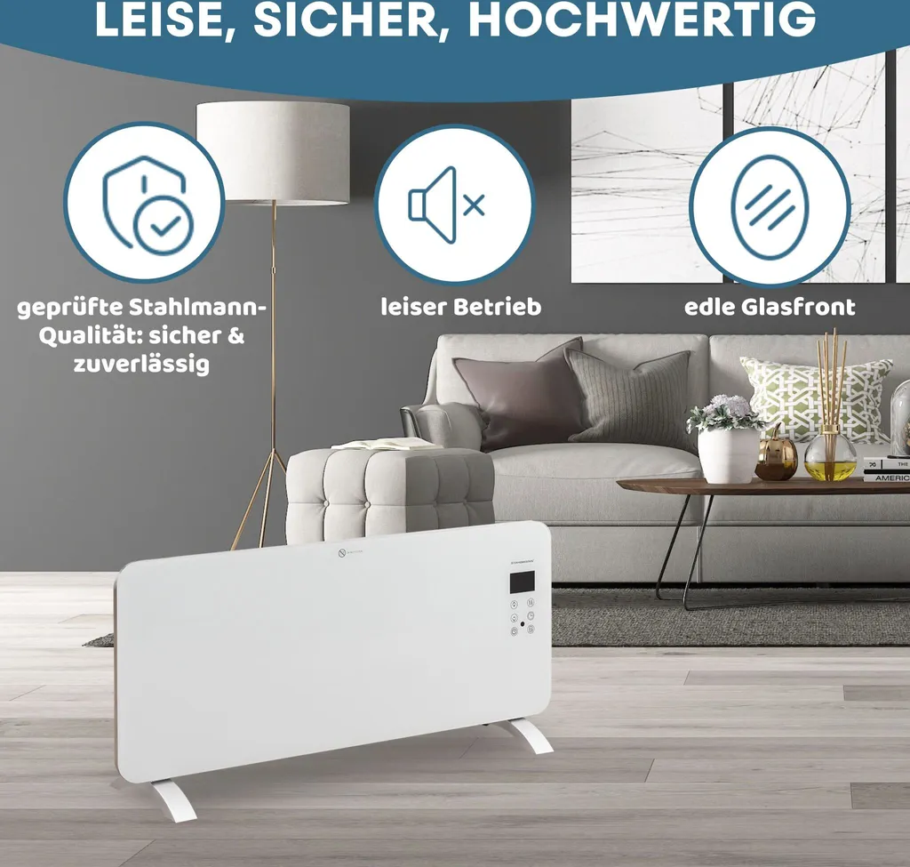 STAHLMANN Glaskonvektor Weiß ZG 2000Watt - Wifi App Steuerung, Elektroheizung Energiesparend Bis 40qm Fläche, Schnelle Erwärmung, Thermostat, Leise, Konvektor Heizung Elektrisch, Heizgerät 6 STAHLMANN Glaskonvektor Weiß ZG 2000Watt - Wifi App Steuerung, Elektroheizung Energiesparend Bis 40qm Fläche, Schnelle Erwärmung, Thermostat, Leise, Konvektor Heizung Elektrisch, Heizgerät – Bild 4