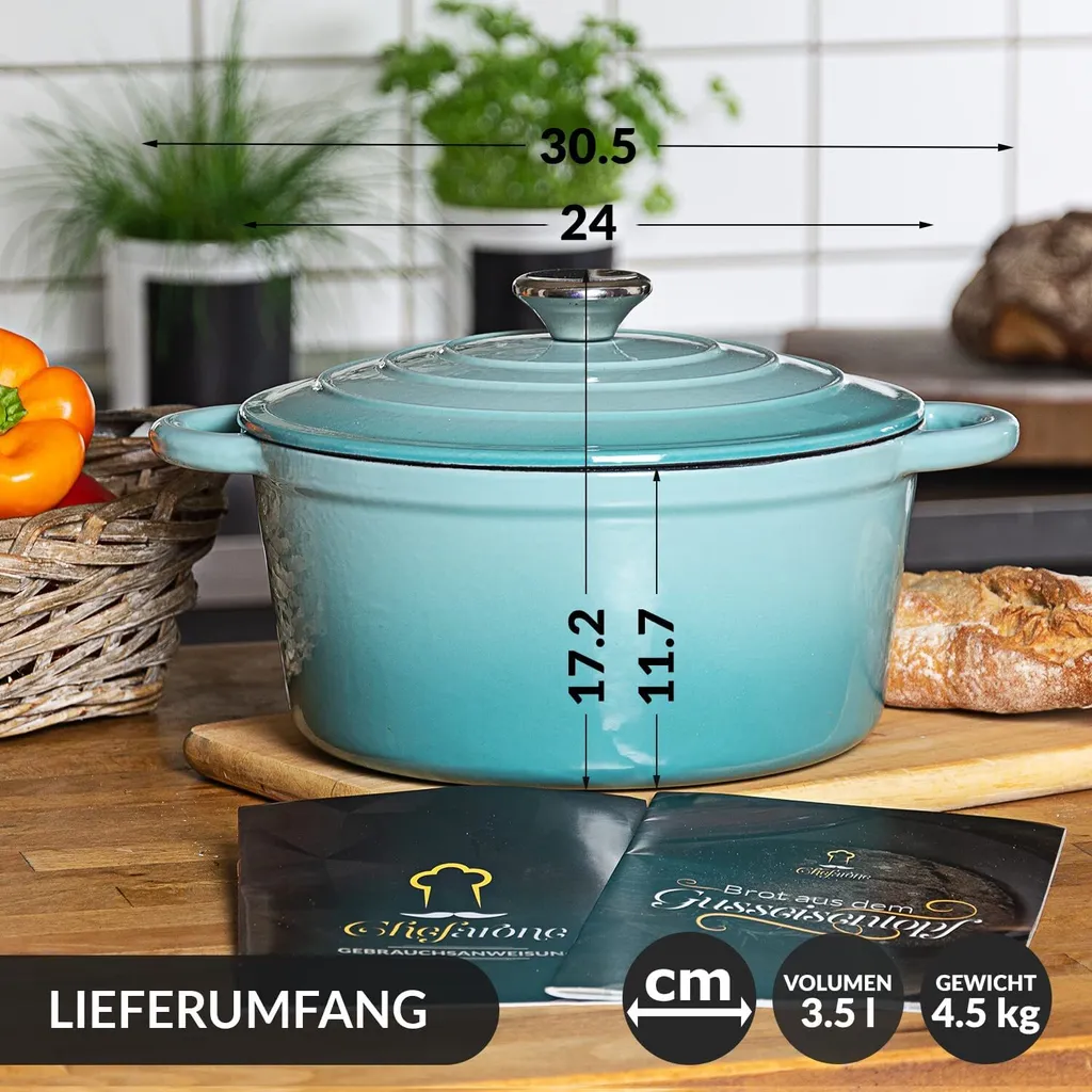 Gusseisen Topf Brot Backen 24 Cm - 3,5 L Schmortopf Gusseisen Emailliert Zum Schmoren, Backen Und Braten - Brotbacktopf Mit Deckel Induktion - (3,5 L, Blau) 8 Gusseisen Topf Brot Backen 24 Cm - 3,5 L Schmortopf Gusseisen Emailliert Zum Schmoren, Backen Und Braten - Brotbacktopf Mit Deckel Induktion - (3,5 L, Blau) – Bild 6