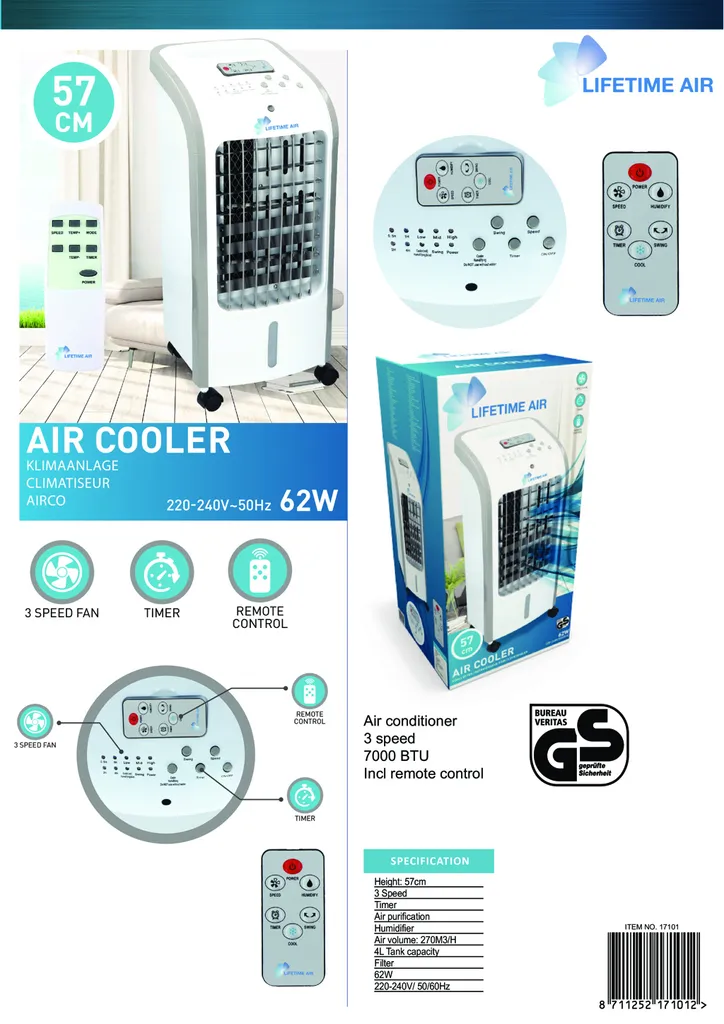 Lifetime Air Luftkühler, Airco, 3 Lüftergeschwindigkeiten, Swing Funktion, 2 Kühlelemente - Mit Befeuchtung Und Reinigung - Weiß - 62 Watt 7 Lifetime Air Luftkühler, Airco, 3 Lüftergeschwindigkeiten, Swing Funktion, 2 Kühlelemente - Mit Befeuchtung Und Reinigung - Weiß - 62 Watt – Bild 5