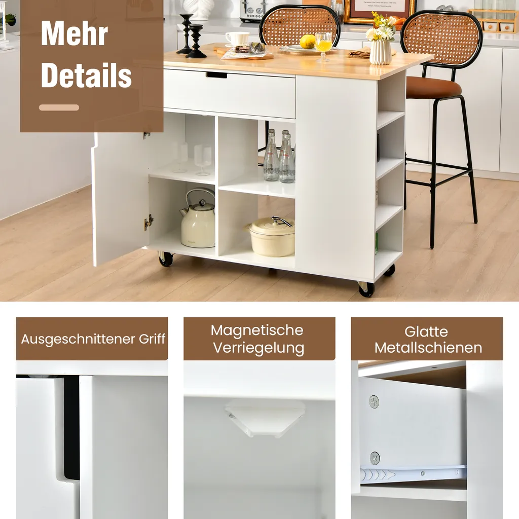 COSTWAY Küchenwagen Mit Ausziehbarer Arbeitsfläche, Servierwagen Auf Rollen, Kücheninselwagen Holz, Küchenschrank Mit Ablagen & Schublade & Gewürzregal, Küchentrolley Für Küche Esszimmer (Weiß) 8 COSTWAY Küchenwagen Mit Ausziehbarer Arbeitsfläche, Servierwagen Auf Rollen, Kücheninselwagen Holz, Küchenschrank Mit Ablagen & Schublade & Gewürzregal, Küchentrolley Für Küche Esszimmer (Weiß) – Bild 6