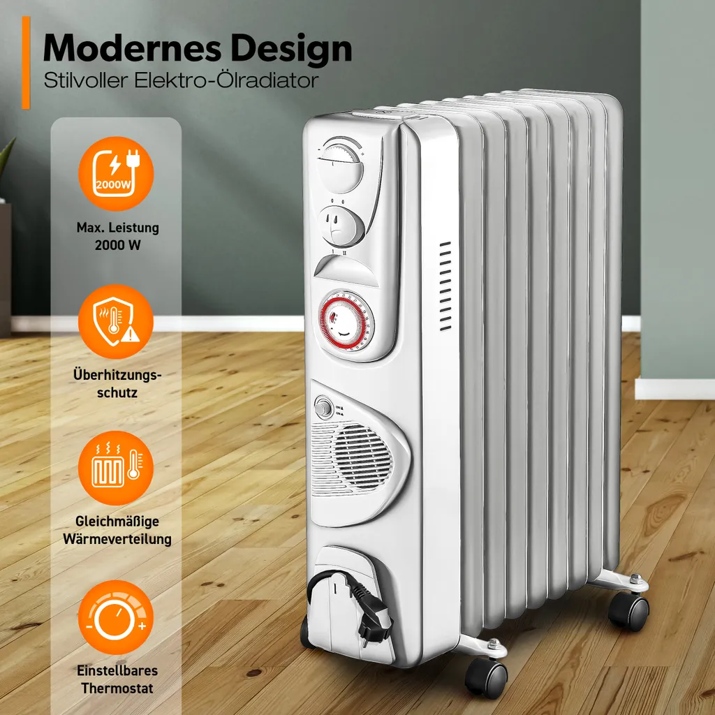 TRESKO® Ölradiator Weiß 2000W Elektroheizung Radiator Öl Heizkörper Heizung Timer 4 TRESKO® Ölradiator Weiß 2000W Elektroheizung Radiator Öl Heizkörper Heizung Timer – Bild 2