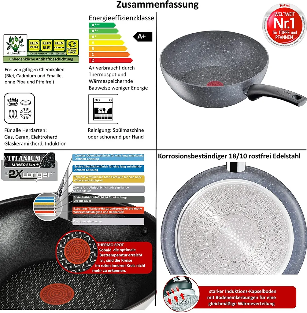 Tefal G13409 Healthy Wokpfanne Induktion 28cm -3 Tlg, Edelstahl Wok Bratpfanne Antihaft-beschichtet, Spülmaschinenfest, Rutschfester Griff, Für Alle Herdarten 5 Tefal G13409 Healthy Wokpfanne Induktion 28cm -3 Tlg, Edelstahl Wok Bratpfanne Antihaft-beschichtet, Spülmaschinenfest, Rutschfester Griff, Für Alle Herdarten – Bild 3