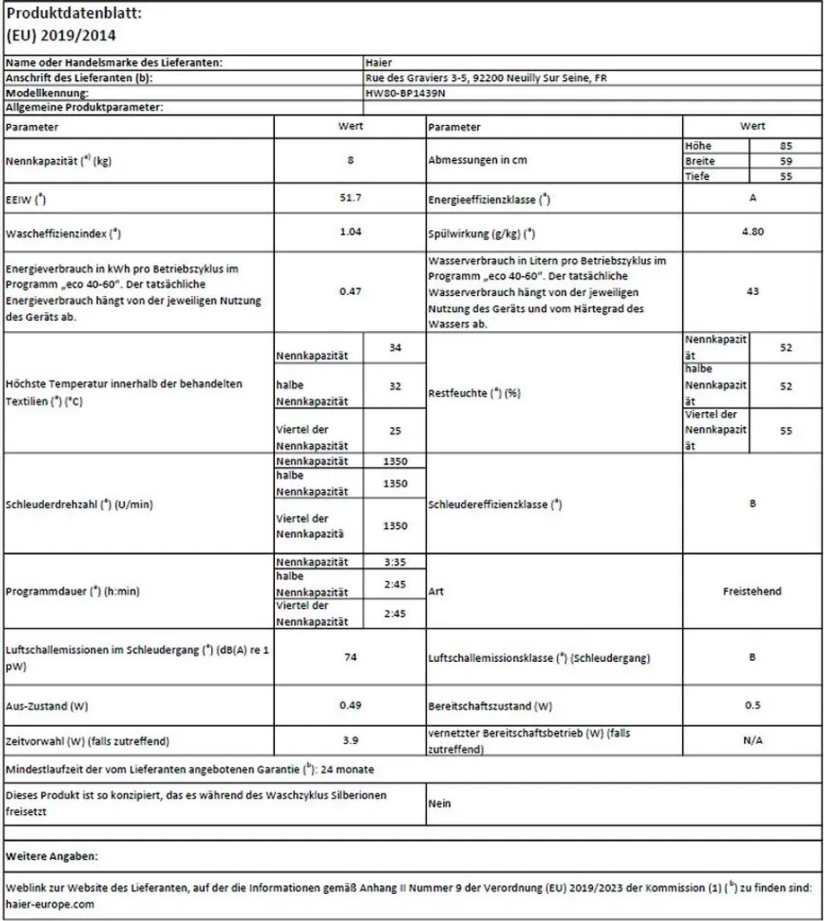 Haier HW80-BP1439N Frontlader Waschmaschine 8 Kg Fassungsvermögen Dampf-Funktion 11 Haier HW80-BP1439N Frontlader Waschmaschine 8 Kg Fassungsvermögen Dampf-Funktion – Bild 9