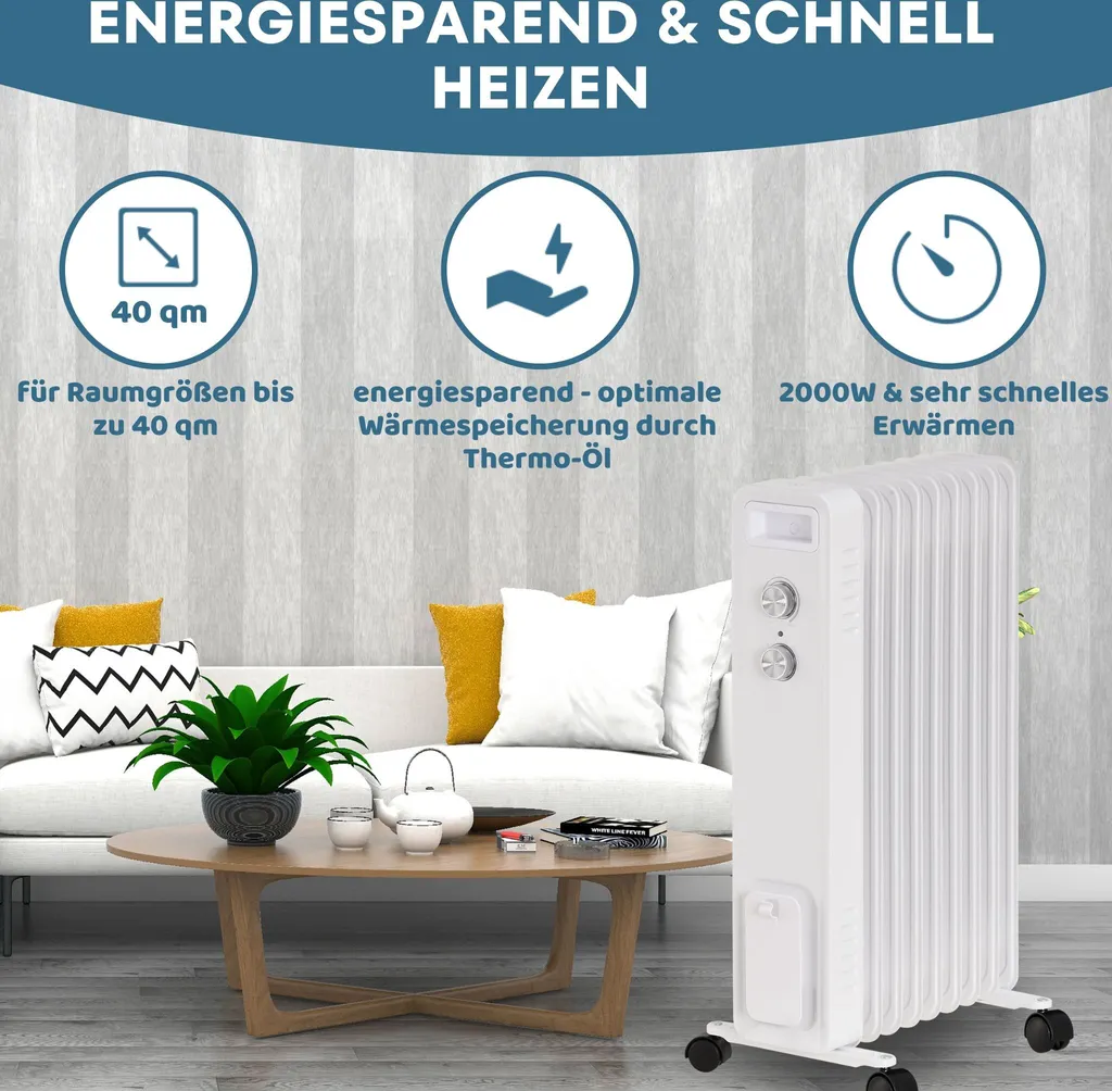 STAHLMANN Ölradiator ZR201 Weiss – Elektroheizung Energiesparend Bis 50 Qm Fläche – Heizung Elektrisch Mit Thermostat Und 3 Heizstufen – Elektrisches Heizgerät, Electric Heater, Watt:2000W 4 STAHLMANN Ölradiator ZR201 Weiss – Elektroheizung Energiesparend Bis 50 Qm Fläche – Heizung Elektrisch Mit Thermostat Und 3 Heizstufen – Elektrisches Heizgerät, Electric Heater, Watt:2000W – Bild 2