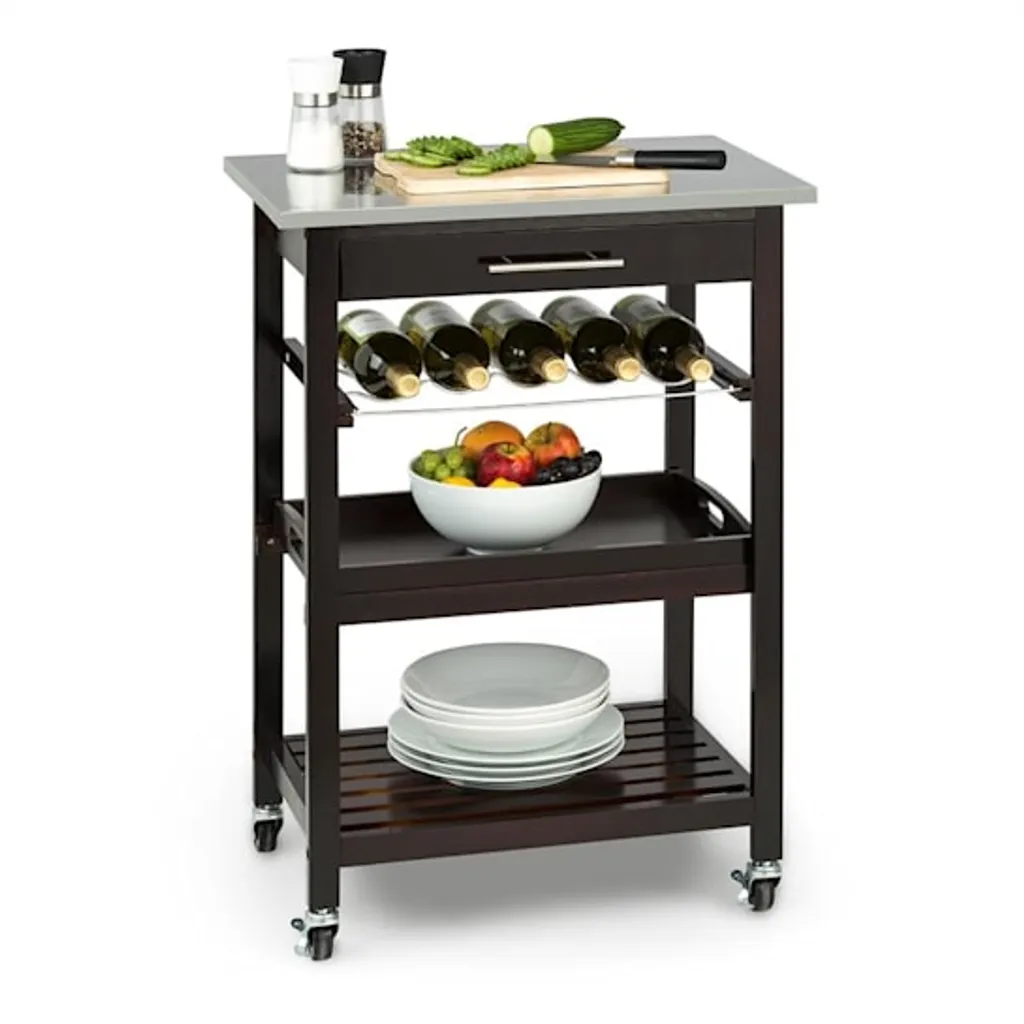 Klarstein Vermont - Küchenwagen, Servierwagen, Küchenrollwagen, 4 Etagen, DREI Ablagen, Herausnehmbare Schublade, Flaschenablage, Edelstahl-Arbeitsplatte, Echtholz, Rollen, Dunkelbraun 3 Klarstein Vermont - Küchenwagen, Servierwagen, Küchenrollwagen, 4 Etagen, DREI Ablagen, Herausnehmbare Schublade, Flaschenablage, Edelstahl-Arbeitsplatte, Echtholz, Rollen, Dunkelbraun