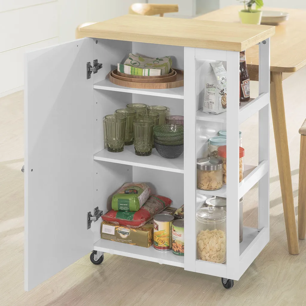 SoBuy FKW75-WN Küchenwagen Servierwagen Beistellwagen Rollwagen Mit 1 Tür Und 3 Regalböden Weiß-Natur BHT Ca.: 60x90x40cm 4 SoBuy FKW75-WN Küchenwagen Servierwagen Beistellwagen Rollwagen Mit 1 Tür Und 3 Regalböden Weiß-Natur BHT Ca.: 60x90x40cm – Bild 2
