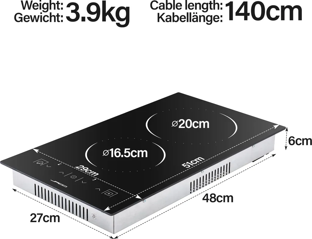 Jago® Glaskeramikkochfeld - Autark, Rahmenlos, 1200/1800 Watt, Für Alle Kochtöpfe, Ø 16/20 Cm, 9 Leistungsstufen, Timer-Automatik, Schwarz - Ceranfeld, Cerankochfeld, Kochfeld, Kochfelder 14 Jago® Glaskeramikkochfeld - Autark, Rahmenlos, 1200/1800 Watt, Für Alle Kochtöpfe, Ø 16/20 Cm, 9 Leistungsstufen, Timer-Automatik, Schwarz - Ceranfeld, Cerankochfeld, Kochfeld, Kochfelder – Bild 12