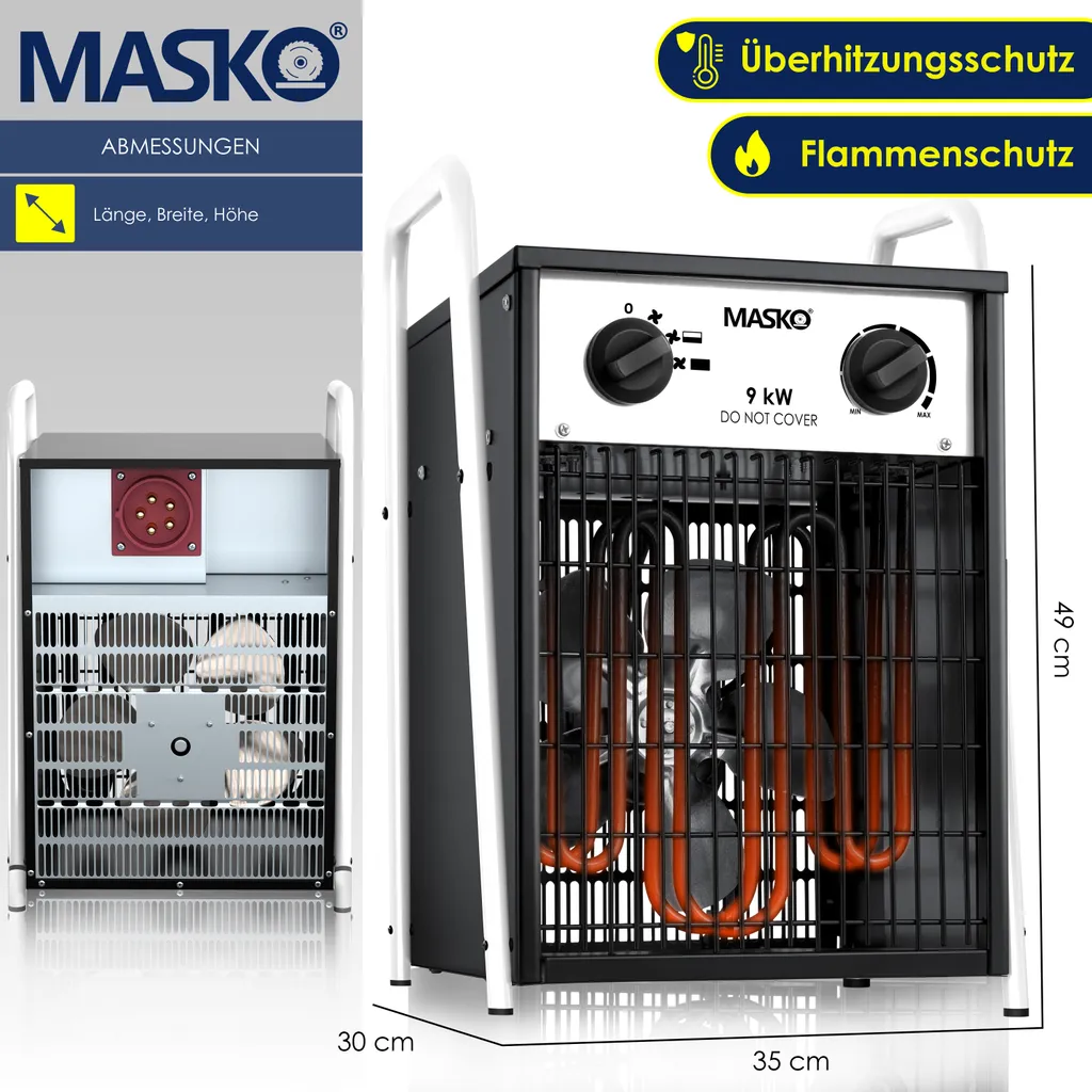 MASKO® Elektroheizer Heizlüfter Bauheizer Mit Integriertem Thermostat Elektrisch Heizgerät Mit 3 Heizstufen Heizgebläse Für Innen- Und Außeneinsatz Überlastschutz Elektroheizgebläse , Farbe:Weiß, Größe:9 KW 10 MASKO® Elektroheizer Heizlüfter Bauheizer Mit Integriertem Thermostat Elektrisch Heizgerät Mit 3 Heizstufen Heizgebläse Für Innen- Und Außeneinsatz Überlastschutz Elektroheizgebläse , Farbe:Weiß, Größe:9 KW – Bild 8