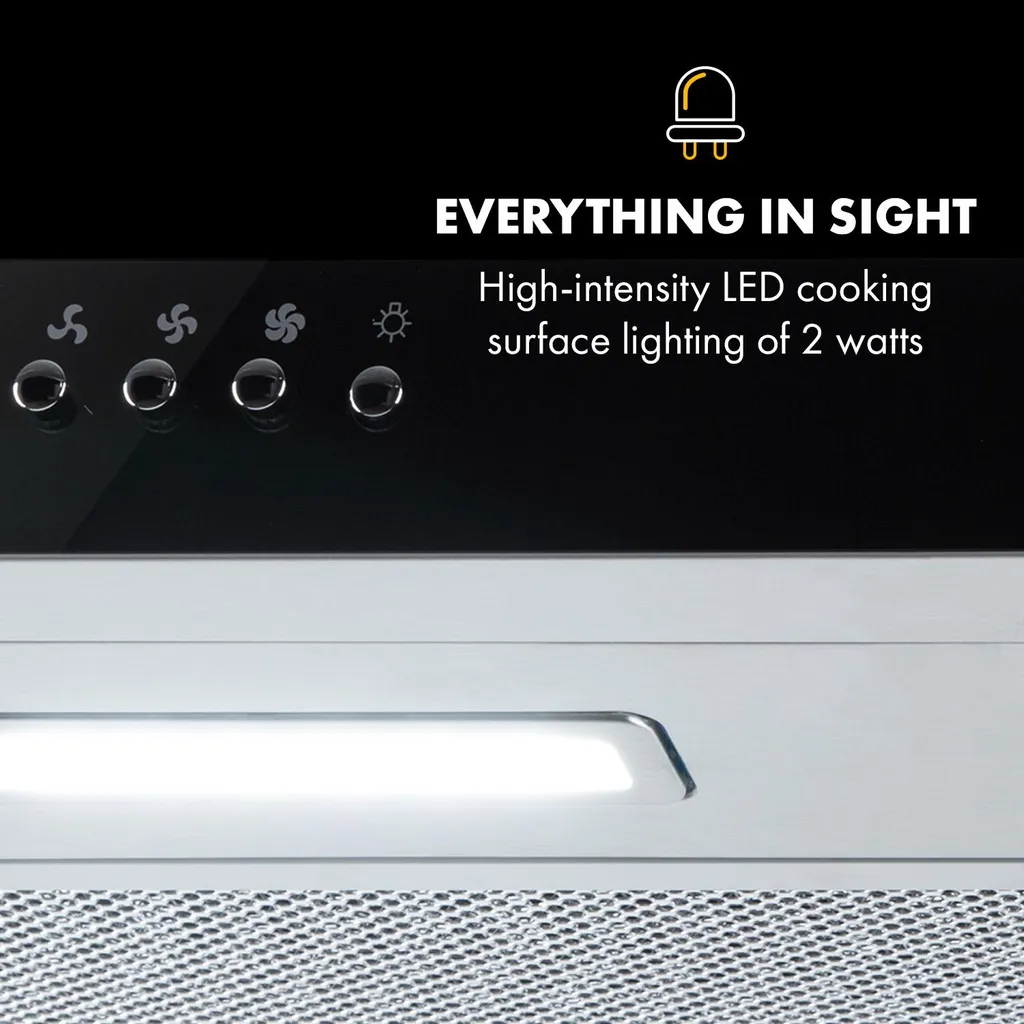 Klarstein Contempo 90 Unterbauhaube , Dunstabzugshaube , Abluft/Umluft , Breite: 90 Cm , Max. Abluftleistung: 175 M³/h , Installation: Wand- Oder Unterschrankanbau , Material: Gebürsteter Edelstahl / Schwarze Acrylglasfront , LED 9 Klarstein Contempo 90 Unterbauhaube , Dunstabzugshaube , Abluft/Umluft , Breite: 90 Cm , Max. Abluftleistung: 175 M³/h , Installation: Wand- Oder Unterschrankanbau , Material: Gebürsteter Edelstahl / Schwarze Acrylglasfront , LED – Bild 7