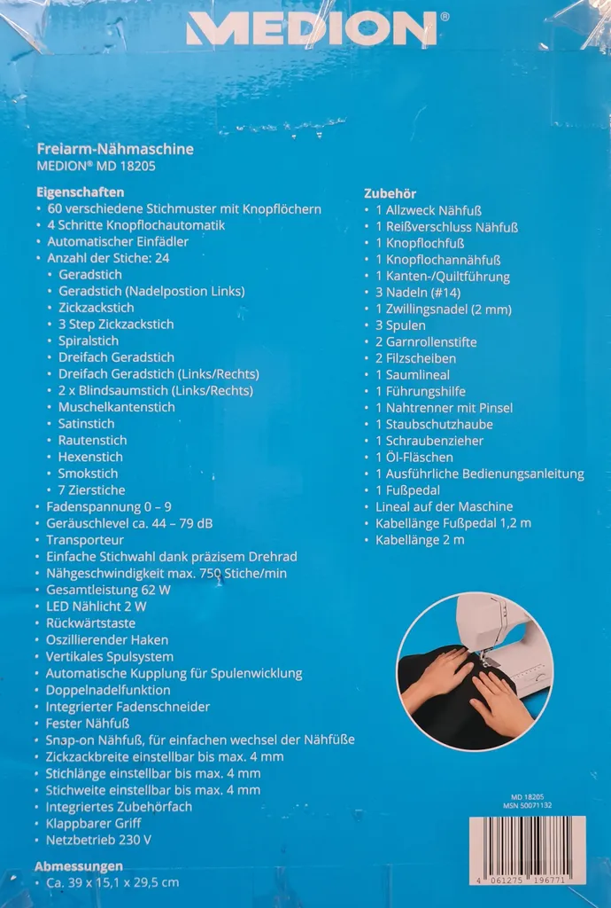 MEDION MD 18205 Freiarmnähmaschine / 60 Versch. Stichmuster/Knopfloch- & Einfädelautomatik/LED-Nählicht, Umfangreiches Zubehör/weiß 8 MEDION MD 18205 Freiarmnähmaschine / 60 Versch. Stichmuster/Knopfloch- & Einfädelautomatik/LED-Nählicht, Umfangreiches Zubehör/weiß – Bild 6