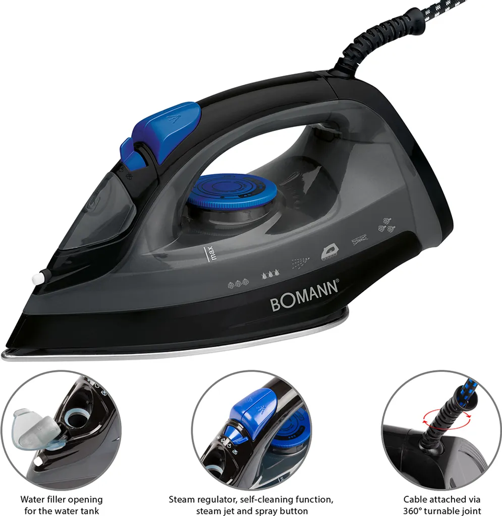 BOMANN Dampfbügelautomat DB 6003 CB Schwarz/blau Dampf Bügeleisen 7 Funktionen 6 BOMANN Dampfbügelautomat DB 6003 CB Schwarz/blau Dampf Bügeleisen 7 Funktionen – Bild 4