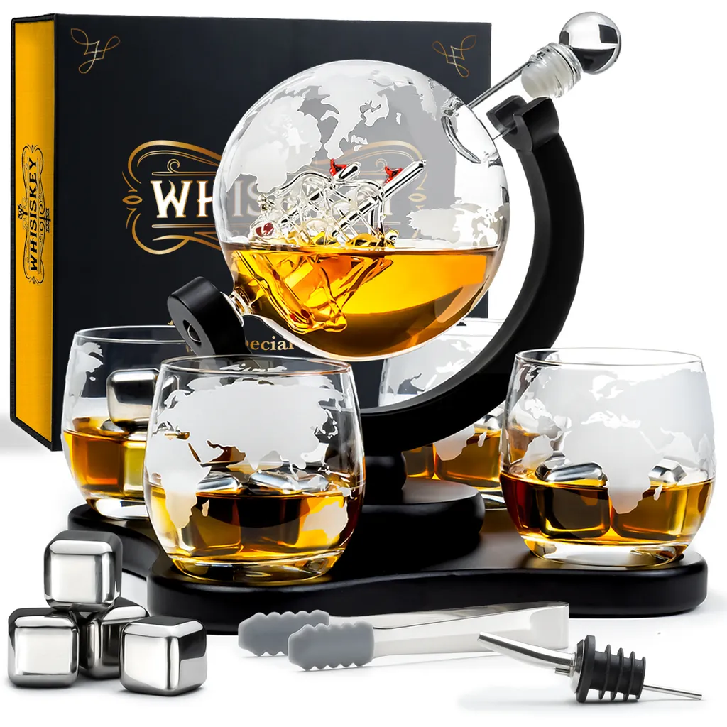 Whisiskey - Whisky Karaffe - Geschenke Für Männer - Komplette Whiskey Set - Globus - 900ML – Inkl. 4 Whisky Steine, 4 Whisky Gläser & Ausgießer - Whisky Dekanter – Whiskygläser - Natursteine 3 Whisiskey - Whisky Karaffe - Geschenke Für Männer - Komplette Whiskey Set - Globus - 900ML – Inkl. 4 Whisky Steine, 4 Whisky Gläser & Ausgießer - Whisky Dekanter – Whiskygläser - Natursteine